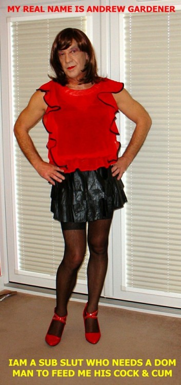julietarty: Gay Sissy Slut Andrew Gardener, exposed in new leather mini skirt. So Sweet