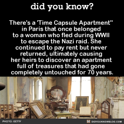did-you-kno:  There’s a ‘Time Capsule Apartment&quot; in Paris that once belonged to a woman who fled during WWII to escape the Nazi raid. She continued to pay rent but never returned, ultimately causing her heirs to discover an apartment full of