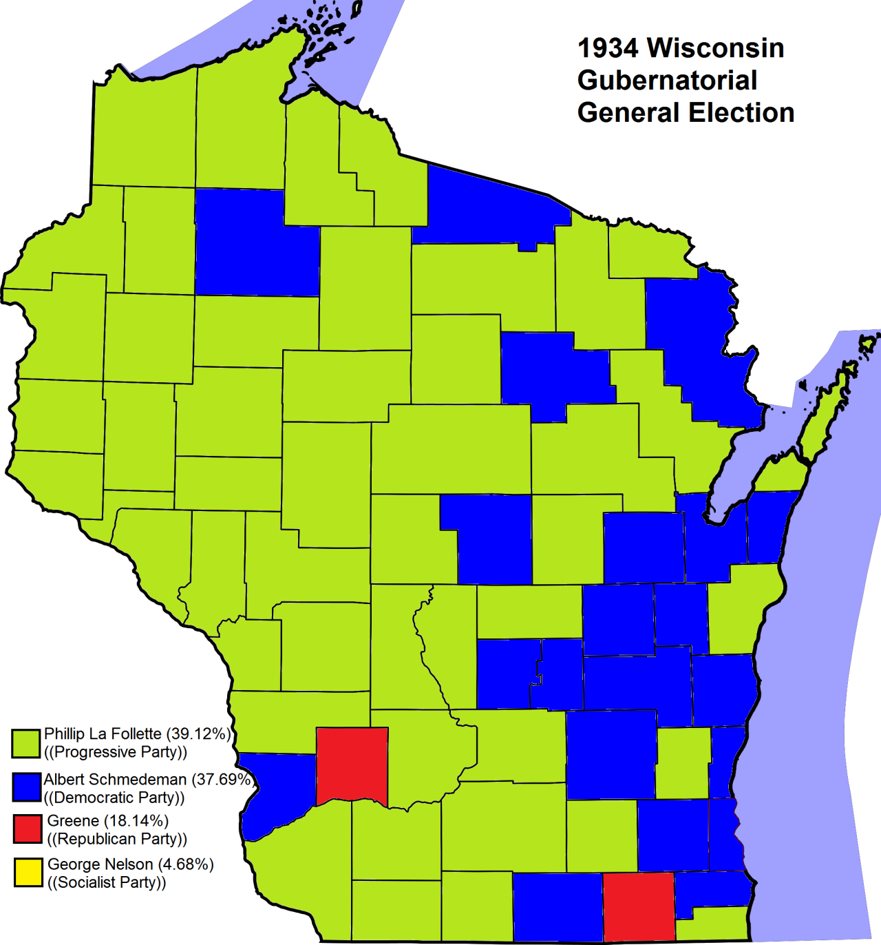 1934 Wisconsin Gubernatorial General Election
After losing in the 1932 Republican Primary, Phillip and Robert La Follete split off to form the Wisconsin Progressive Party, an established wing of the Republican party active in other states at that...