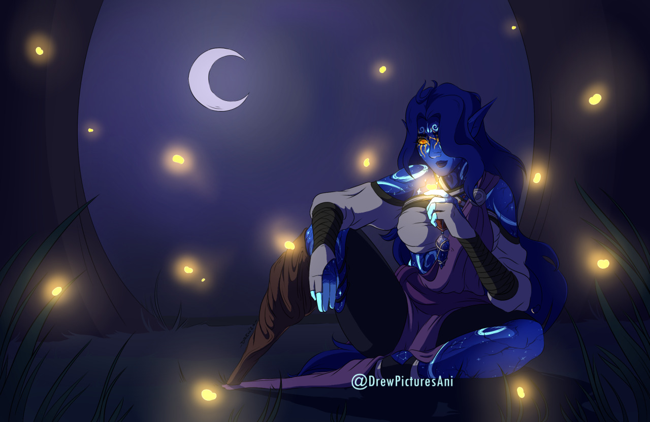 A digital illustration of a star-aligned genasi (elemental) woman sitting amongst a cloud of fireflies. She has blue skin marked with glowing swirls and constellations, as well as a gnarled wooden prosthetic leg. She is wearing soft, draping garments, including a cotton bustier and a lavender robe. She is leant forward slightly, examining a firefly that has landed on her finger.