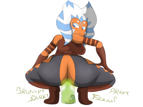 My part of an art trade featuring Ahsoka Tano farting on a small Aayla Secura trapped in a bottle.