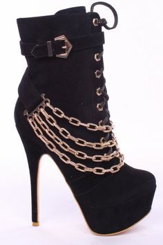 womenshoesdaily:BLACK FAUX SUEDE CHAIN STRAPS LACE UP PLATFORM BOOTIES