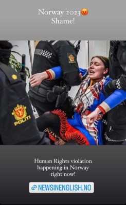 girlzero:thenuclearmallard:The Sámi are being arrested for protesting.  If you want to help, the organization Natur & Ungdom are gathering donations for the protestors! Donations go towards handling fines, legal aid, food, and equipment. The protests