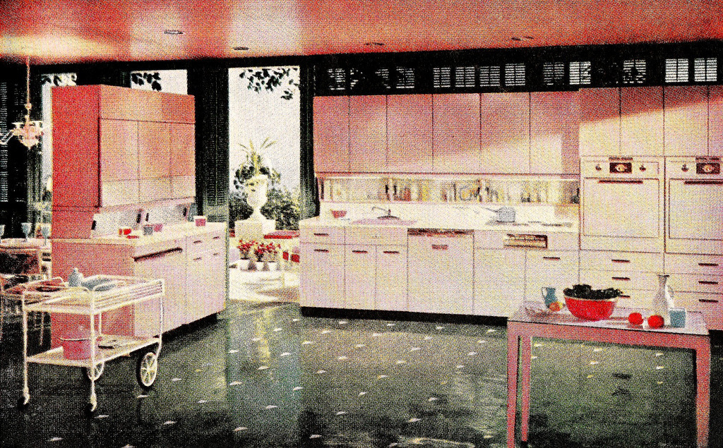 theniftyfifties:  Pink and green kitchen from Better Homes &amp; Gardens, July