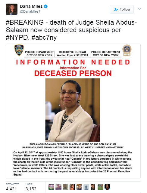 black-to-the-bones:   Police are calling the death of Judge Sheila Abdus-Salaam suspicious