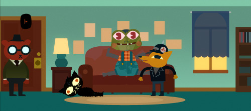 An out of context screenshot from Night in the Woods, Gregg’s route.
