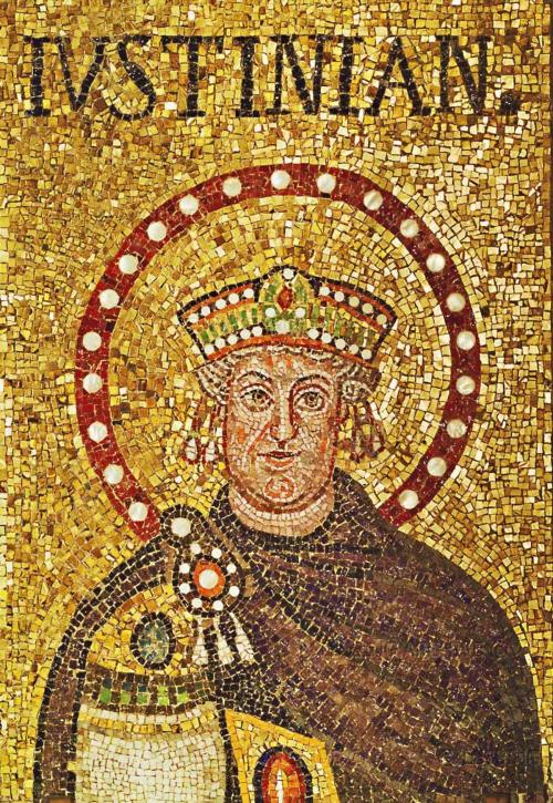 artofthedarkages:A mosaic portrait of the Byzantine emperor Justinian.Pieced together out of gold an