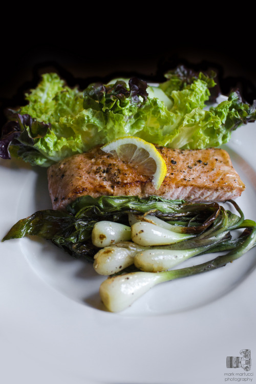 Pan fried salmon with seasonal wild ramps and garden salad.