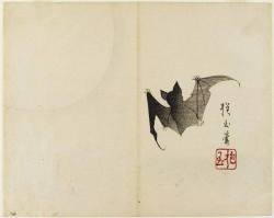 blackpaint20:   Yamada Hōgyoku  Bat and Moon   Woodblock print  c1830   