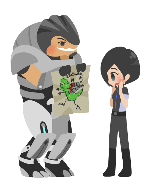 az-files:  Grunt showing Shepard his drawing of them riding dinosaurs and Shepard being delighted, by the wonderful choco-minto (and here) 