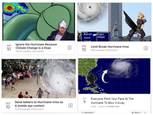 thegeekburger:A master post of all the hurricane events I’ve seen so far. Tag yourselves.