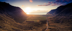 photosofnorwaycom:  Unstad | Panorama (Lofoten Islands) by Einar Angelsen The most beautiful place in the world. Located 68*9´North in the Atlantic ocean. When you get out of the tunnel and see this scenery you are stopping your car. I was at this top