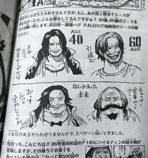 inactivenobody:Eiichiro Oda draws Ace & Luffy at age 40-60 and alternate universe of them in vol