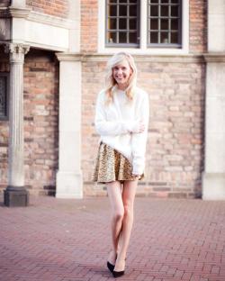 what-do-i-wear:  H&amp;M trend angora jumper, Miss Selfridges Gold Lace Skirt and Zara heels. (image: mypreciousconfessions)