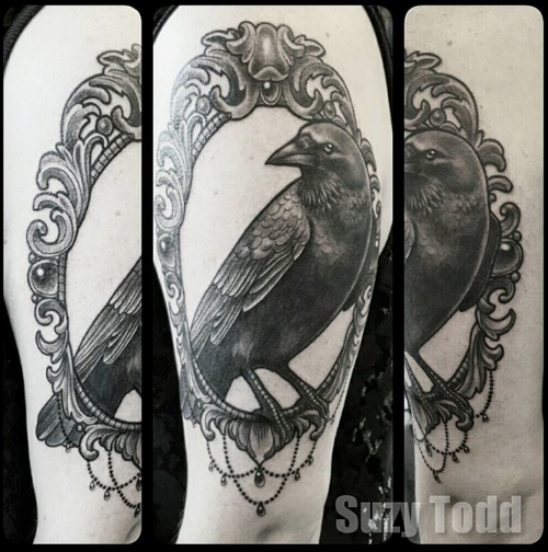 fuckyeahtattoos: Original black and white raven standing in a baroque style cameo by Suzy Todd (@suz