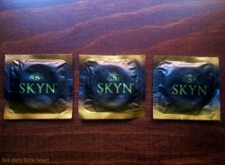 herdirtylittleheart:  I’m often asked which brand I prefer; Skyn condoms (by Lifestyles) are my favourite. They’re not latex, they’re polyisoprene, which is great for me because I have a latex sensitivity. Polyisoprene heats up to your body temperature,