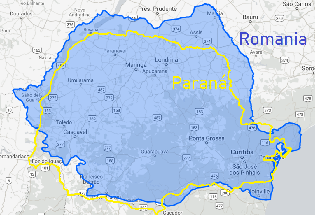 Romania is very similar in shape and size to the Brazilian state of Paraná