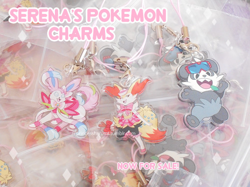 I’m so excited to finally show off the charms that I’ve been working on for a while !! I made charms of Serena’s Pokemon team from the XY/Z anime.They are all 1.5 inches, double sided acrylic on a pink strap. They cost บ each but if