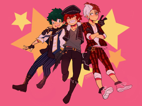 Midoriya, Kirishima, and Todoroki wearing the clothes of those they share the same VAs with in Ensem