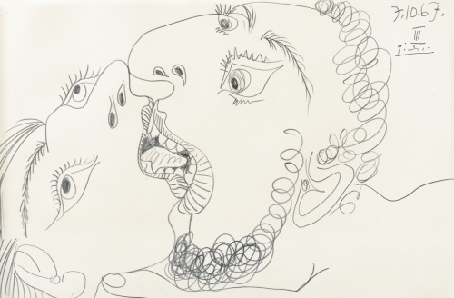 artimportant:  Pablo Picasso (Spanish, 1881-1973) - Le baiser, 7th October 1967  Pencil on paper, 32.5 x 50.4 cm 