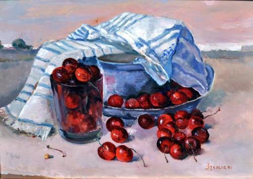 huariqueje:Cherries   -    Antonio Bresciani Italian 1902-1998 Oil on cardboard , 40 x 50 cm.