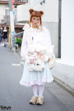 tokyo-fashion:  Vintage-loving Fuwako on the street in Harajuku with fashion from Grimoire Tokyo, a bag made of plush toys by the indie Japanese brand Freckleat, a Pink House strawberry ring, and retro New Balance sneakers. Her extreme blush is a style