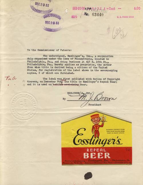 “Repeal Beer”
When Prohibition officially ended on December 5, 1933, booze peddlers large and small quickly did the legal thing and registered their products’ labels with the U.S. Patent Office. Here’s one aptly named product, to cash in on this...