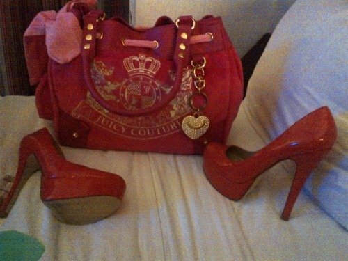 juicy couture bag and red heels