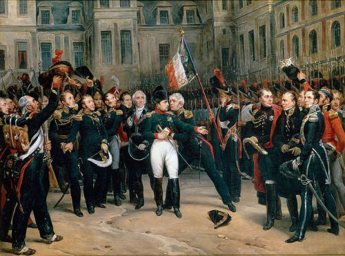 Napoleon bidding farewell to his Imperial Guard at Fountainbleu, 1814.Painted by Antoine Alphonse Mo