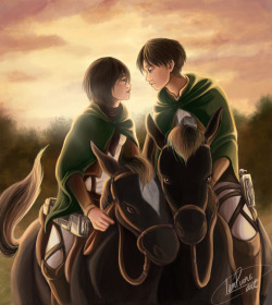 lampurpleart:  Levi strategically rides one of the tallest horses to boost his ego (and his height).  Meanwhile, Mikasa’s horse has taken a liking to Levi’s.  Not too bad.  ;)Just a thing that I’ve been working on in between commissions as a