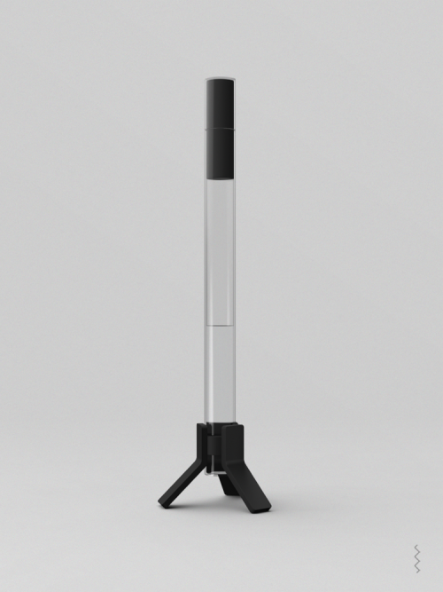 joriswegner:  REAGENZ | A lamp made from a test tube - a fluorescent liquid is illuminated with an ultraviolet LED array in the plug. The lamp is shown with an optional tablestand.