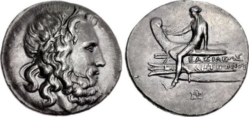 Tetradrachm of the Hellenistic monarch Antigonus III Doson (r. 229-221 BCE).  On the obverse, the wr