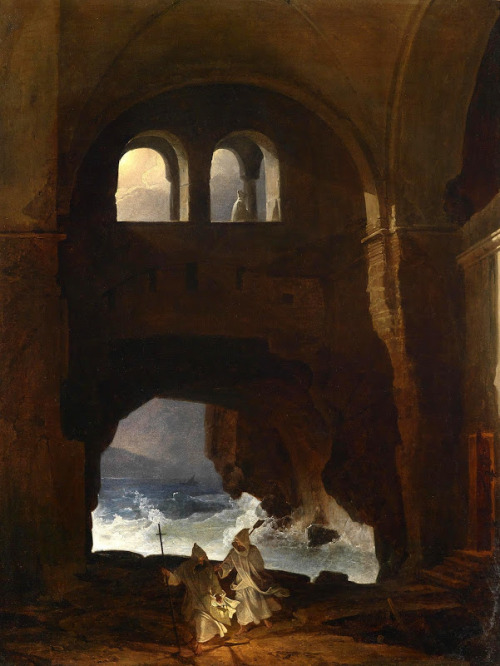 la-catharsis:Franz Ludwig Catel - Two monks in a monastery close to the sea (1856)