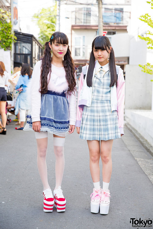 Twin-tailed Japanese students Parutan and Mizuamechan wearing KOKOKim, Bubbles Harajuku, Swankiss an