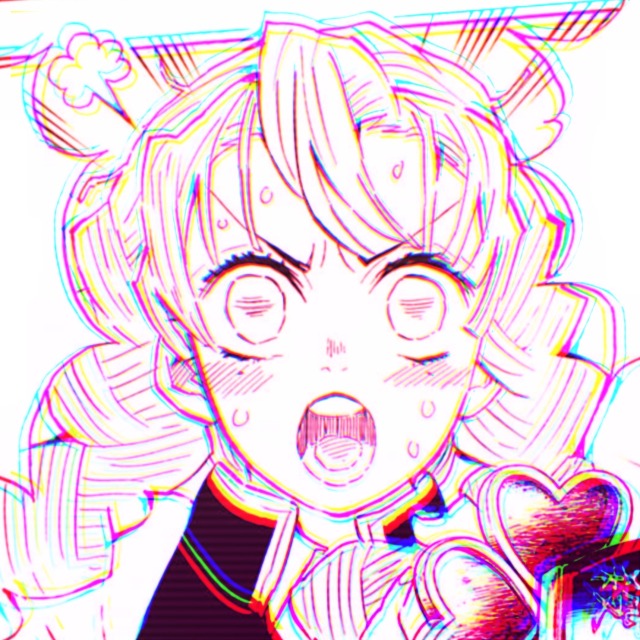 an icon of mitsuri from demon slayer manga. it has a pink overlay. she holds her sword up and yells at the viewer. we see her straight on. she has an anrgy expression with a huffing emote.