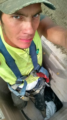 coupleddiapers:  Diapered at work. Putting street last fhts up in a bucket truck soaked. Can’t wait for lunch so I can change myself :)  Sexy eyes and damn hot in that wet diaper, man!