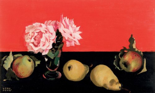 Léon Devos (Belgian, 1897-1974)Still-life with fruits and roses, N/DOil on canvas,32 x 54 cm