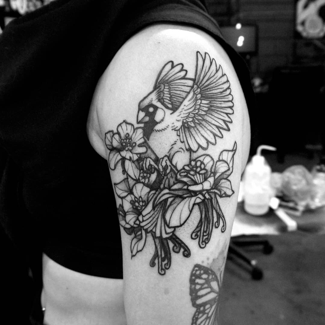 Angelo Parente on Instagram Cardinal and Wild Flowers     blackwork  inkedmag dotworker b  Bird tattoo sleeves Cardinal tattoos Bird  tattoos for women