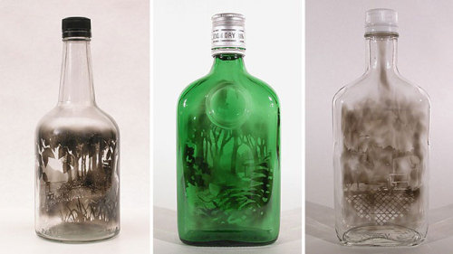 edens-blog:  beben-eleben:  Jim Dingilian proves that a creative and skillful artist can create works of art with just about anything. By coating the interior of empty glass bottles with black smoke and then carefully brushing it away with tools mounted