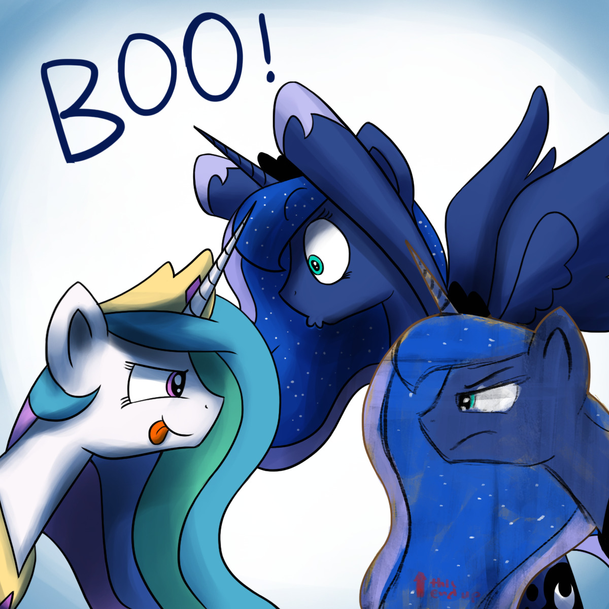 asksunshineandmoonbeams:  Luna: This was supposed to be a staring contest, Tia! Celestia: