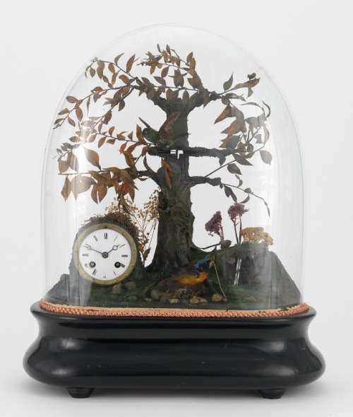 Tree &amp; Two Birds Animated Clock c. 1890 Under a glass dome; two birds near a small waterfall
