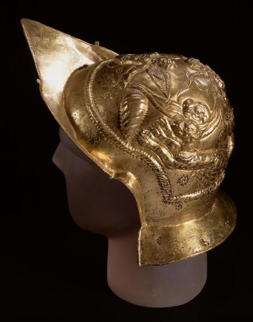 Embossed parade helmet of brass with figure of Victory, from the Roman site at Newstead, late 1st ce