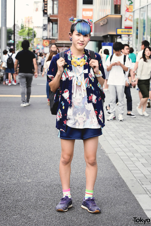 tokyo-fashion:  6%DOKIDOKI shop staff Kanata on the street in Harajuku wearing a Kinji Hello Kitty jacket over a manga-print top from Park Harajuku, piercings, mismatched socks, and 6%DOKIDOKI hair accessories. Full Look