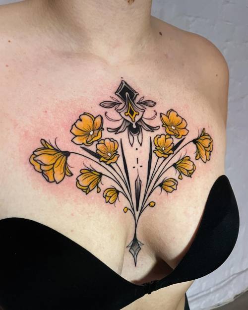 allthepiercingsandbodymods:Flower chest and sternum tattoos by Jentonic. Follow her on Instagram (linked at source below)! ❤️Shop location: Berlin, Germany. 🇩🇪DM me if you want to be featured.
