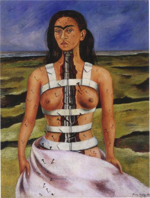 transistoradio:  Frida Kahlo, The Broken Column (1944), oil on masonite, 33 x 43 cm. Collection of Dolores Olmedo, Mexico City, Mexico. Via WikiPaintings. 