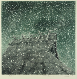 nobrashfestivity:  Ryohei Tanaka,   Snow and Roof (snow and thatched roof)  Etching &amp; aquatint