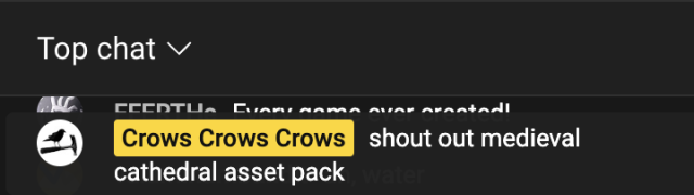 A screenshot of the live chat for the premiere of the YouTube video "The Stanley Parable: Ultra Deluxe – The Complete Soundtrack". The top message is from the official Crows Crows Crows account and reads "shout out medieval cathedral asset pack".