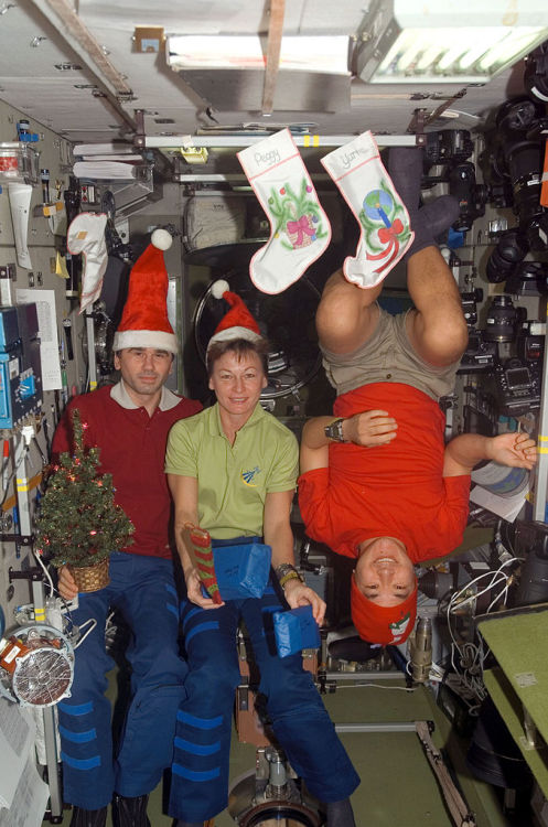 Yuri Malenchenko, Peggy Whitson and Dan Tani in the Zvezda Module of the ISS, Christmas Day 2007.