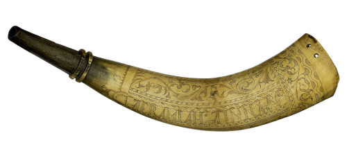 Scrimshaw engraved powder horn of Jeremiah Tinnan, circa 1747.