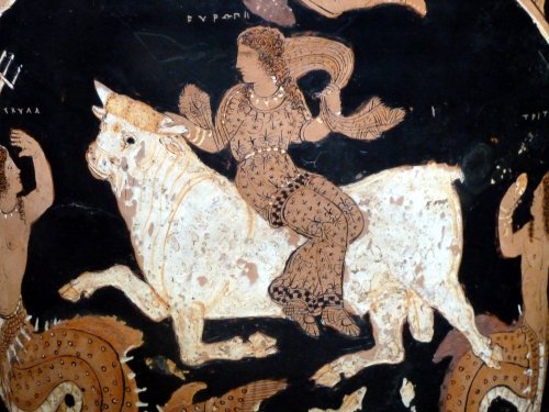 Zeus, in the form of a white bull, abducts Europa.  Detail from a red-figure calyx-krater signed by 